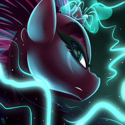 Size: 1500x1500 | Tagged: safe, artist:starcasteclipse, character:tempest shadow, species:pony, species:unicorn, g4, broken horn, bust, female, glowing horn, horn, looking at you, looking back, looking back at you, magic, magic aura, mare, portrait, scar, solo