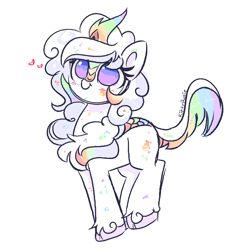 Size: 2845x2928 | Tagged: safe, artist:kittyrosie, oc, oc:cloudy canvas, species:kirin, cloudybetes, cute, female, heart symbol, multicolored hair, paint splatter, rainbow hair, signature, simple background, solo, white background
