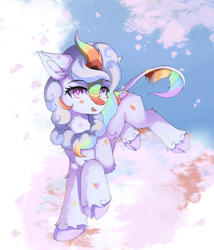 Size: 4288x5000 | Tagged: safe, artist:lunarfroxy, oc, oc only, oc:cloudy canvas, species:kirin, absurd resolution, female, looking at you, multicolored hair, paint splatter, rainbow hair, solo