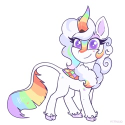Size: 1200x1200 | Tagged: safe, artist:pfeffaroo, oc, oc:cloudy canvas, species:kirin, female, looking at you, multicolored hair, paint splatter, rainbow hair, simple background, smiling, smiling at you, solo, white background