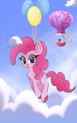 Size: 2200x3500 | Tagged: safe, artist:thebigstuff89, character:fluttershy, character:pinkie pie, character:twilight sparkle, species:earth pony, species:pegasus, species:pony, g4, balloon, chest fluff, cloud, cute, diapinkes, female, floating, flying, high res, horn, hot air balloon, looking at you, mare, open mouth, open smile, sky, smiling, smiling at you, sparkly eyes, spread wings, then watch her balloons lift her up to the sky, trio, twinkling balloon, wingding eyes, wings