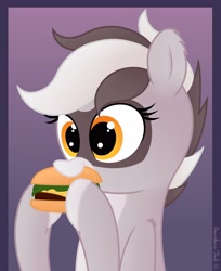 Size: 2890x3546 | Tagged: safe, artist:rainbowšpekgs, oc, oc only, oc:bandy cyoot, species:earth pony, species:pony, burger, explicit source, eyelashes, female, food, hamburger, mare, ponies eating meat, simple background, solo