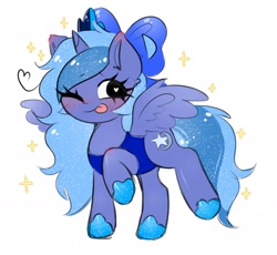 Size: 2392x2196 | Tagged: safe, artist:arwencuack, oc, oc only, oc:lulu star moonie, species:alicorn, species:pony, alicorn oc, alternate cutie mark, blep, blushing, cute, cutie mark, female, heart eyes, high res, horn, looking at you, lunabetes, mare, not luna, one eye closed, raised hoof, raised leg, simple background, smiling, smiling at you, solo, sparkles, spread wings, tongue out, white background, wingding eyes, wings, wink, winking at you