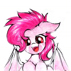 Size: 1638x1639 | Tagged: safe, artist:liaaqila, character:pinkie pie, species:bat pony, species:pony, g4, bat ponified, bat wings, commission, fangs, female, looking at you, mare, open mouth, open smile, pinkiebat, race swap, red eyes, sharp teeth, signature, simple background, smiling, solo, traditional art, white background, wings