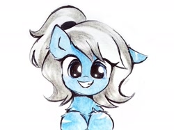 Size: 1891x1418 | Tagged: safe, artist:liaaqila, oc, oc only, species:pony, female, grin, looking at you, mare, one ear down, signature, simple background, smiling, smiling at you, solo, traditional art, white background