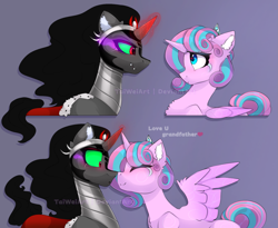 Size: 1831x1500 | Tagged: safe, artist:taiweiart, character:king sombra, character:princess flurry heart, species:alicorn, species:pony, species:umbrum, species:unicorn, g4, 2 panel comic, blushing, boop, comic, cute, dialogue, duo, duo male and female, female, flurrybetes, glowing, glowing horn, gray background, heart, horn, i can't believe it's not magnaluna, magic, male, mare, noseboop, nuzzling, older, older flurry heart, profile, signature, simple background, snuggling, spread wings, stallion, text, uncle sombra, wings