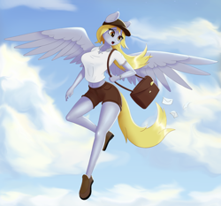 Size: 3000x2800 | Tagged: safe, artist:junglemango, character:derpy hooves, species:anthro, species:pegasus, species:plantigrade anthro, g4, belly button, boots, breasts, busty derpy hooves, clothing, cloud, eye clipping through hair, eyebrows, eyebrows visible through hair, eyelashes, female, flying, frown, hat, high res, letter, mail, mailbag, mailmare, mailmare uniform, mare, messenger bag, midriff, open mouth, questionable source, shirt, shoes, shorts, sky, solo, spread wings, wings