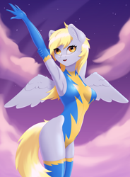 Size: 2800x3800 | Tagged: safe, artist:junglemango, character:derpy hooves, species:anthro, species:pegasus, g4, armpits, breasts, clothing, cute, derp, derpabetes, female, legs together, leotard, mare, open mouth, skintight clothes, solo, spread wings, tight clothing, uniform, wings, wonderbolt leotard, wonderbolt trainee uniform, wonderbolts