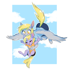 Size: 900x893 | Tagged: dead source, safe, artist:dogrot, character:derpy hooves, character:dinky hooves, species:anthro, species:pegasus, species:unguligrade anthro, species:unicorn, g4, carrying, cute, derpabetes, dinkabetes, equestria's best mother, female, filly, flying, mare, mother, signature, spread wings, wings, young