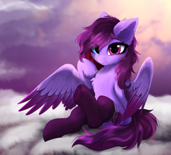 Size: 3493x3151 | Tagged: safe, artist:empress-twilight, oc, oc only, oc:veen, species:pegasus, species:pony, chest fluff, clothing, cloud, commission, cute, eye clipping through hair, eyebrows, eyebrows visible through hair, female, heterochromia, high res, looking at you, mare, ocbetes, on a cloud, pegasus oc, sitting, smiling, smiling at you, socks, solo, spread wings, thigh highs, underhoof, wings, ych result
