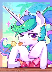 Size: 1497x2048 | Tagged: safe, artist:jficbcpcr6eyujo, character:princess celestia, species:alicorn, species:pony, episode:between dark and dawn, g4, my little pony: friendship is magic, candy, female, food, horn, lollipop, looking at you, mare, one eye closed, solo, sparkles, tongue out, wink, winking at you