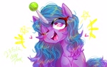 Size: 1920x1200 | Tagged: safe, artist:jully-park, character:izzy moonbow, species:pony, species:unicorn, g5, ball, childproof horn, cute, digital art, female, gradient hair, horn, hornball, izzy's tennis ball, izzybetes, looking at you, mare, multicolored hair, one eye closed, open mouth, open smile, simple background, smiling, smiling at you, solo, tennis ball, toy, white background, wink, winking at you