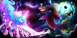 Size: 3500x1736 | Tagged: safe, artist:invidiata, character:discord, character:princess celestia, species:alicorn, species:draconequus, species:pony, g4, clothing, crown, female, fight, glowing horn, hoof shoes, horn, jewelry, magic, magic aura, male, mare, regalia, shoes, space, spread wings, wings