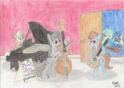 Size: 3289x2336 | Tagged: safe, artist:opti, character:beauty brass, character:dj pon-3, character:frederic horseshoepin, character:lyra heartstrings, character:octavia melody, character:vinyl scratch, g4, bass guitar, cello, guitar, musical instrument, octavia is not amused, piano, violin