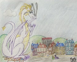Size: 2943x2349 | Tagged: safe, artist:opti, manebooru original, character:twilight sparkle, oc, oc:broadside barb, oc:guiding light, species:alicorn, species:dragon, species:earth pony, species:pony, hill, house, implied transformation