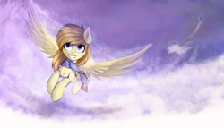 Size: 2873x1642 | Tagged: safe, artist:breakdream, character:rainbow dash, oc, oc:limon frost, species:pegasus, species:pony, g4, clothing, cloud, duo, female, flying, grin, mare, pegasus oc, rainbow, scarf, sky, smiling, solo focus, spread wings, wings
