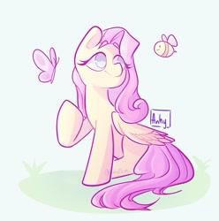 Size: 1856x1872 | Tagged: safe, artist:anyhdm, character:fluttershy, species:pegasus, species:pony, g4, bee, butterfly, eyebrows, female, folded wings, grass, looking at something, looking up, mare, no pupils, raised hoof, signature, simple background, sitting, solo, wings