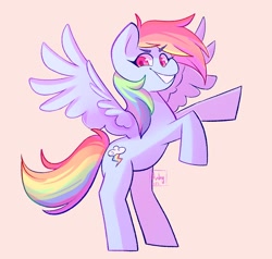 Size: 1464x1392 | Tagged: safe, artist:anyhdm, character:rainbow dash, species:pegasus, species:pony, g4, eyebrows, eyebrows visible through hair, female, looking at you, mare, signature, simple background, smiling, smiling at you, solo, spread wings, wings