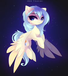 Size: 2317x2567 | Tagged: safe, artist:red_tsukini, artist:redtsukini, oc, oc only, oc:aqua everglow, species:pegasus, species:pony, chest fluff, eyebrows, eyebrows visible through hair, female, high res, looking at you, mare, pegasus oc, signature, solo, spread wings, wings