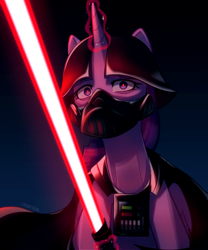 Size: 2752x3303 | Tagged: safe, artist:maren, character:twilight sparkle, character:twilight sparkle (unicorn), species:pony, species:unicorn, g4, crossover, darth vader, disney, female, glowing, glowing horn, high res, horn, lightsaber, looking at you, magic, mare, sith, star wars, twilight is anakin, weapon
