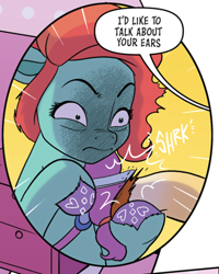 Size: 382x477 | Tagged: safe, artist:amy mebberson, edit, edited screencap, editor:romulus4444, idw, official, official comic, screencap, character:hitch trailblazer, character:jazz hooves, species:earth pony, g5, blaze (coat marking), comic, dialogue, hooficure, irritated, marecrime bay: the case of the missing cupcake, speech bubble, text