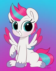 Size: 1365x1722 | Tagged: safe, artist:starbatto, character:zipp storm, species:pegasus, species:pony, g5, adorazipp, colored wings, cute, female, gradient background, grin, happy, looking at you, mare, multicolored wings, raised hoof, signature, sitting, smiling, smiling at you, solo, spread wings, unshorn fetlocks, wings