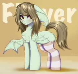 Size: 1884x1790 | Tagged: safe, artist:mysha, oc, oc only, oc:flower popen, species:bat pony, species:pony, bat ears, bat pony oc, bat wings, chest fluff, clothing, cute, female, floppy ears, looking at you, mare, ocbetes, one wing out, signature, socks, solo, striped socks, wings