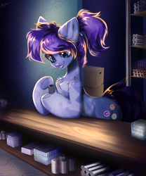 Size: 2500x3000 | Tagged: safe, artist:mysha, oc, oc only, oc:magnetic hug, species:crystal pony, species:pony, box, commission, female, high res, magnet, mare, shop, solo