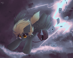 Size: 2500x2000 | Tagged: safe, artist:mysha, character:derpy hooves, species:pegasus, species:pony, g4, crying, female, flying, high res, letter, lightning, mare, signature, sky, solo, spread wings, wings