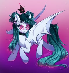 Size: 1738x1837 | Tagged: safe, artist:in4ri_, oc, oc only, species:bat pony, species:pony, bat pony oc, bat wings, collar, cute, ear fluff, female, glasses, gradient background, mare, ocbetes, signature, smiling, solo, spread wings, wings