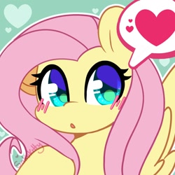 Size: 1200x1200 | Tagged: safe, artist:sakukitty, character:fluttershy, species:pegasus, species:pony, g4, blushing, cute, female, heart, looking at you, mare, open mouth, shyabetes, signature, solo