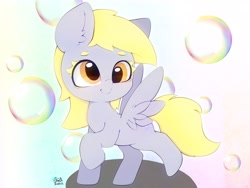 Size: 4000x3000 | Tagged: safe, artist:zokkili, character:derpy hooves, species:pegasus, species:pony, g4, bubble, cute, derpabetes, female, filly, filly derpy, high res, looking at you, raised hoof, raised leg, signature, smiling, smiling at you, solo, spread wings, wings, young, younger