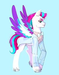 Size: 1365x1742 | Tagged: safe, artist:aztrial, character:zipp storm, species:pegasus, species:pony, g5, my little pony: a new generation, blue background, bow tie, clothing, colored eyebrows, colored hooves, colored wings, ear piercing, earring, eyebrows, female, hooves, jewelry, looking at you, mare, multicolored wings, piercing, profile, simple background, smiling, smiling at you, solo, spread wings, suit, tomboy, unshorn fetlocks, wings