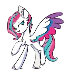 Size: 665x723 | Tagged: source needed, safe, artist:泽虹sunbow, derpibooru original, character:zipp storm, species:pegasus, species:pony, g5, adorazipp, colored, colored hooves, colored sketch, colored wings, cool, cute, dancing, ear piercing, earring, eyebrows, female, hooves, jewelry, looking at you, mare, multicolored wings, no pupils, open mouth, open smile, piercing, raised hoof, raised leg, simple background, sketch, smiling, smiling at you, solo, spread wings, standing on two hooves, three quarter view, unshorn fetlocks, white background, wings