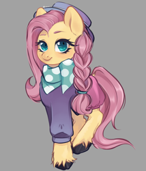Size: 2400x2800 | Tagged: safe, artist:suracao, character:fluttershy, species:pegasus, species:pony, g4, alternate hairstyle, braid, clothing, cute, female, gray background, hat, high res, hipstershy, looking at you, mare, shyabetes, simple background, solo, unshorn fetlocks
