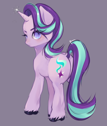 Size: 2400x2800 | Tagged: safe, artist:suracao, character:starlight glimmer, species:pony, species:unicorn, g4, butt, female, glimmer glutes, gray background, high res, horn, looking at you, looking back, looking back at you, mare, simple background, solo, unshorn fetlocks