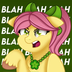 Size: 2048x2048 | Tagged: safe, artist:sweet cream, character:posey bloom, species:earth pony, species:pony, g5, angry, blah blah blah, bow, colored hooves, dialogue, female, floppy ears, hair bow, high res, hooves, jewelry, karen, mare, necklace, open mouth, posey can't catch a break, raised hoof, solo, text, unshorn fetlocks
