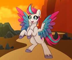 Size: 2048x1707 | Tagged: safe, artist:sweet cream, character:zipp storm, species:pegasus, species:pony, g5, adorazipp, bipedal, colored hooves, colored wings, cute, female, hooves, mare, multicolored wings, open mouth, open smile, rearing, signature, smiling, solo, spread wings, unshorn fetlocks, wings