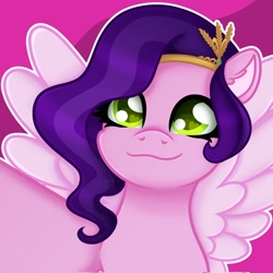 Size: 2048x2048 | Tagged: safe, artist:sweet cream, character:pipp petals, species:pegasus, species:pony, g5, adorapipp, circlet, cute, female, headband, heart, heart eyes, jewelry, looing at you, mare, pink background, pipp wings, regalia, simple background, smiling, solo, spread wings, wingding eyes, wings