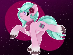 Size: 2000x1500 | Tagged: safe, artist:sweet cream, character:dahlia, species:earth pony, species:pony, g4, g5, abstract background, adordahlia, clothing, coat markings, colored hooves, cute, female, flower, flower in hair, g5 to g4, generation leap, hooves, mare, profile, raised hoof, raised leg, scarf, smiling, socks (coat marking), solo, standing on two hooves, unshorn fetlocks