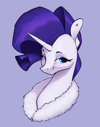 Size: 1850x2350 | Tagged: safe, artist:aquaticvibes, character:rarity, species:pony, species:unicorn, g4, blue background, bust, ear fluff, eyebrows, eyelashes, eyeshadow, female, fur coat, horn, looking at you, makeup, mare, simple background, smiling, solo