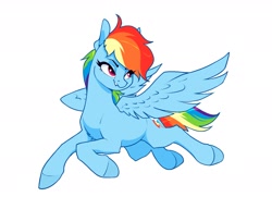 Size: 2350x1805 | Tagged: safe, artist:aquaticvibes, character:rainbow dash, species:pegasus, species:pony, g4, chest fluff, cutie mark, eyebrows, eyelashes, female, flying, mare, simple background, solo, spread wings, tail, white background, wings