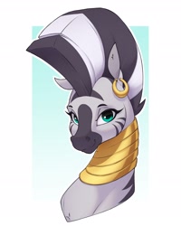 Size: 1630x2039 | Tagged: safe, artist:aquaticvibes, character:zecora, species:zebra, g4, bust, ear piercing, earring, eyebrows, eyelashes, female, jewelry, looking at you, mohawk, neck rings, piercing, simple background, smiling, solo