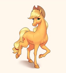 Size: 2845x3125 | Tagged: safe, artist:aquaticvibes, character:applejack, species:earth pony, species:pony, g4, apple family member, applejack's hat, clothing, cowboy hat, cutie mark, eyelashes, female, hat, hoers, looking at you, mare, ponytail, raised hoof, simple background, smiling, solo, stetson, tail