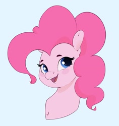 Size: 2025x2145 | Tagged: safe, artist:aquaticvibes, character:pinkie pie, species:earth pony, species:pony, g4, blue background, blushing, bust, cute, diapinkes, eyebrows, eyelashes, female, mare, open mouth, simple background, solo
