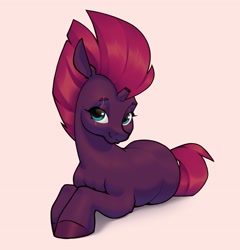Size: 2375x2475 | Tagged: safe, artist:aquaticvibes, character:tempest shadow, species:pony, species:unicorn, g4, broken horn, cute, eyebrows, eyelashes, female, horn, lidded eyes, looking at you, lying down, mare, scar, smiling, solo, tail, tempestbetes
