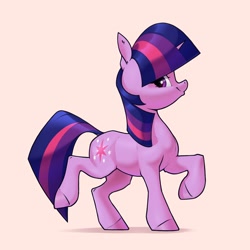 Size: 2620x2620 | Tagged: safe, artist:aquaticvibes, character:twilight sparkle, character:twilight sparkle (unicorn), species:pony, species:unicorn, g4, cutie mark, female, horn, looking sideways at you, mare, simple background, smiling, solo, tail, trotting