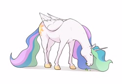 Size: 3200x2220 | Tagged: safe, artist:aquaticvibes, character:princess celestia, species:alicorn, species:pony, g4, colored hooves, cutie mark, eating, ethereal mane, eyebrows, eyes closed, female, folded wings, grass, hoers, hooves, horn, majestic as fuck, mare, simple background, solo, tail, white background, wings
