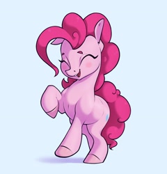 Size: 2660x2770 | Tagged: safe, artist:aquaticvibes, character:pinkie pie, species:earth pony, species:pony, g4, blue background, blushing, cute, cutie mark, diapinkes, eyebrows, eyes closed, female, mare, open mouth, rearing, simple background, solo