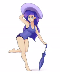 Size: 2110x2575 | Tagged: safe, artist:aquaticvibes, character:princess luna, species:human, g4, clothing, eyebrows, eyelashes, female, hand, hand on head, hat, humanized, looking at you, one-piece swimsuit, simple background, smiling, solo, species swap, swimsuit, umbrella, white background